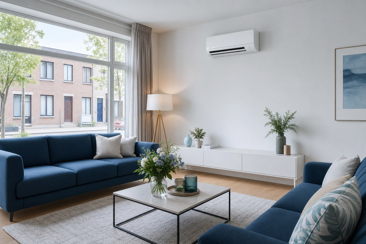 Intérieur belge lumineux et confortable équipé d'un climatiseur Qlima