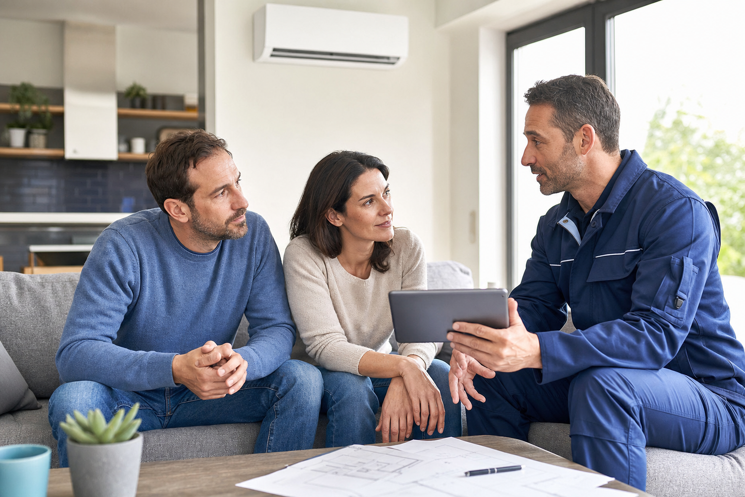 Conseiller professionnel préparant l'installation avec un couple belge